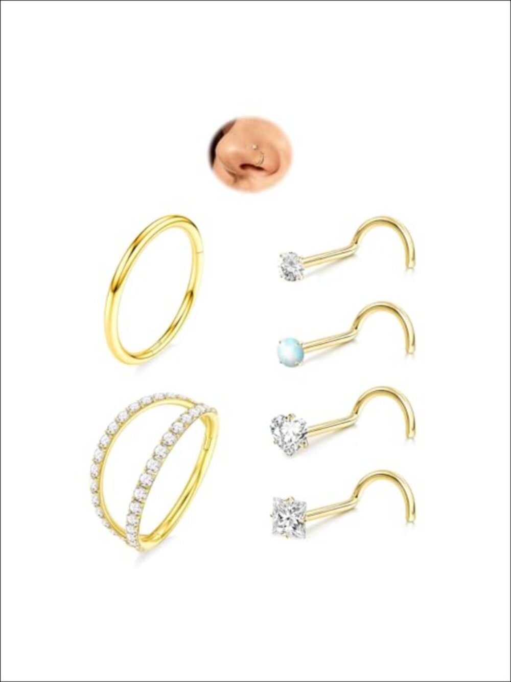18G 20G Nose Ring Stud Set 14K Gold Plated 316L Steel Hinged Hoop CZ Opal